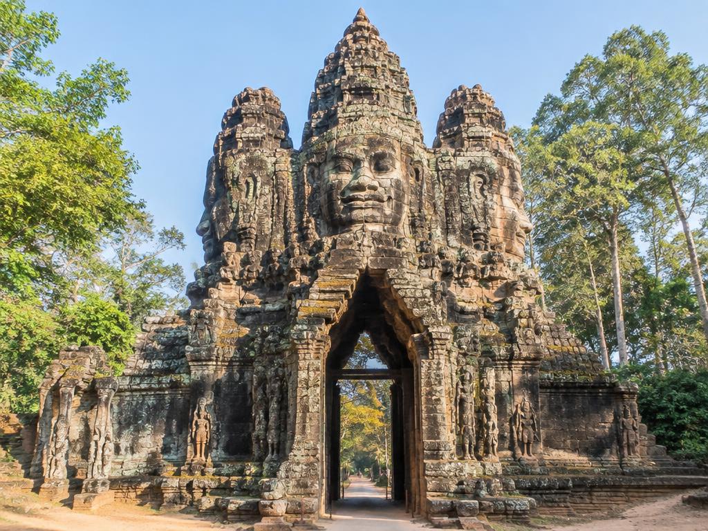 Stone gateway carved with serene faces at Angkor Thom